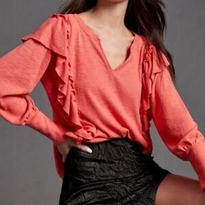 New Anthropologie Long Sleeve Top Ruffles V Neck Knit Coral Orange Size XS